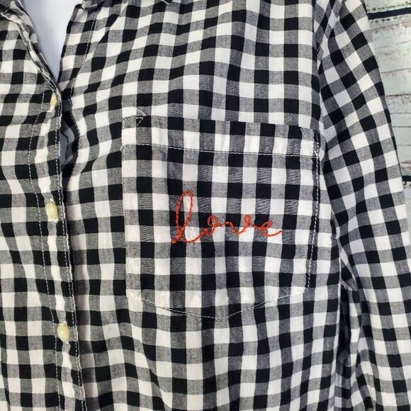 Old Navy Women’s Gingham Plaid Button Down Shirt XL Black White “Love” Embroider - Picture 2 of 7